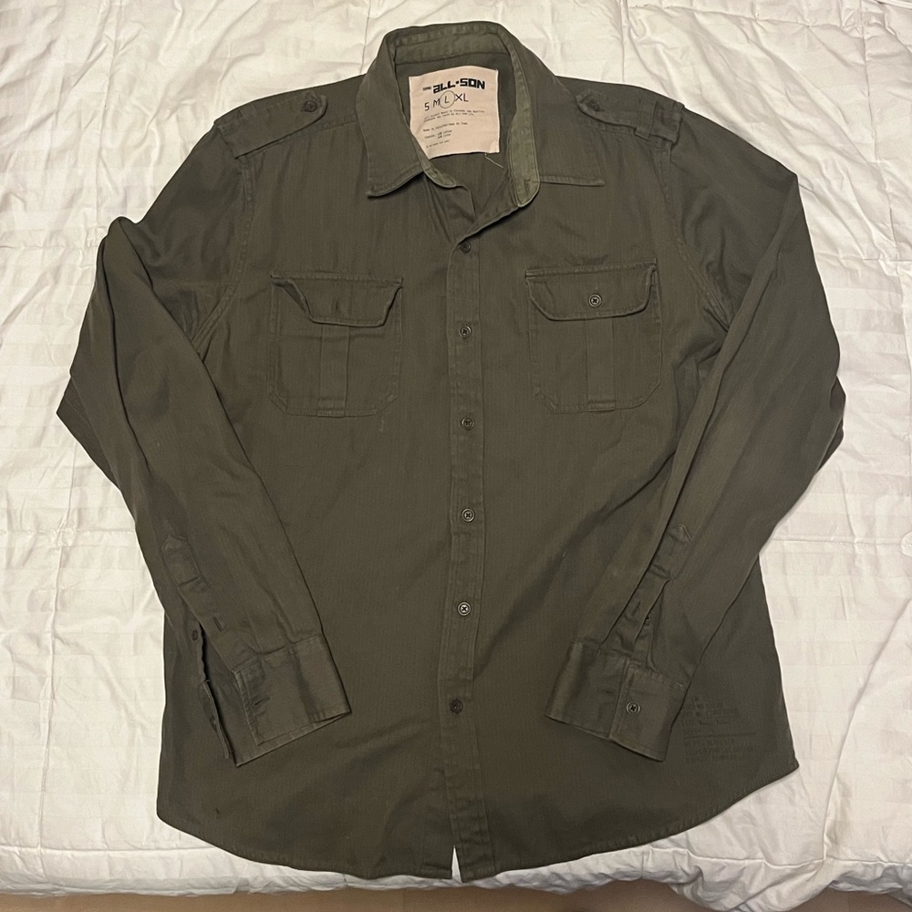 All-Son Military style long sleeve button down large shirt